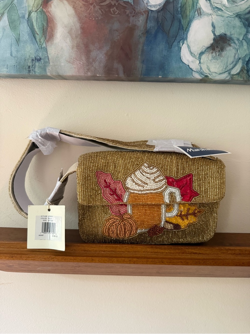 Beaded Pumpkin Spice Latte Fall Leaves Shoulder Bag